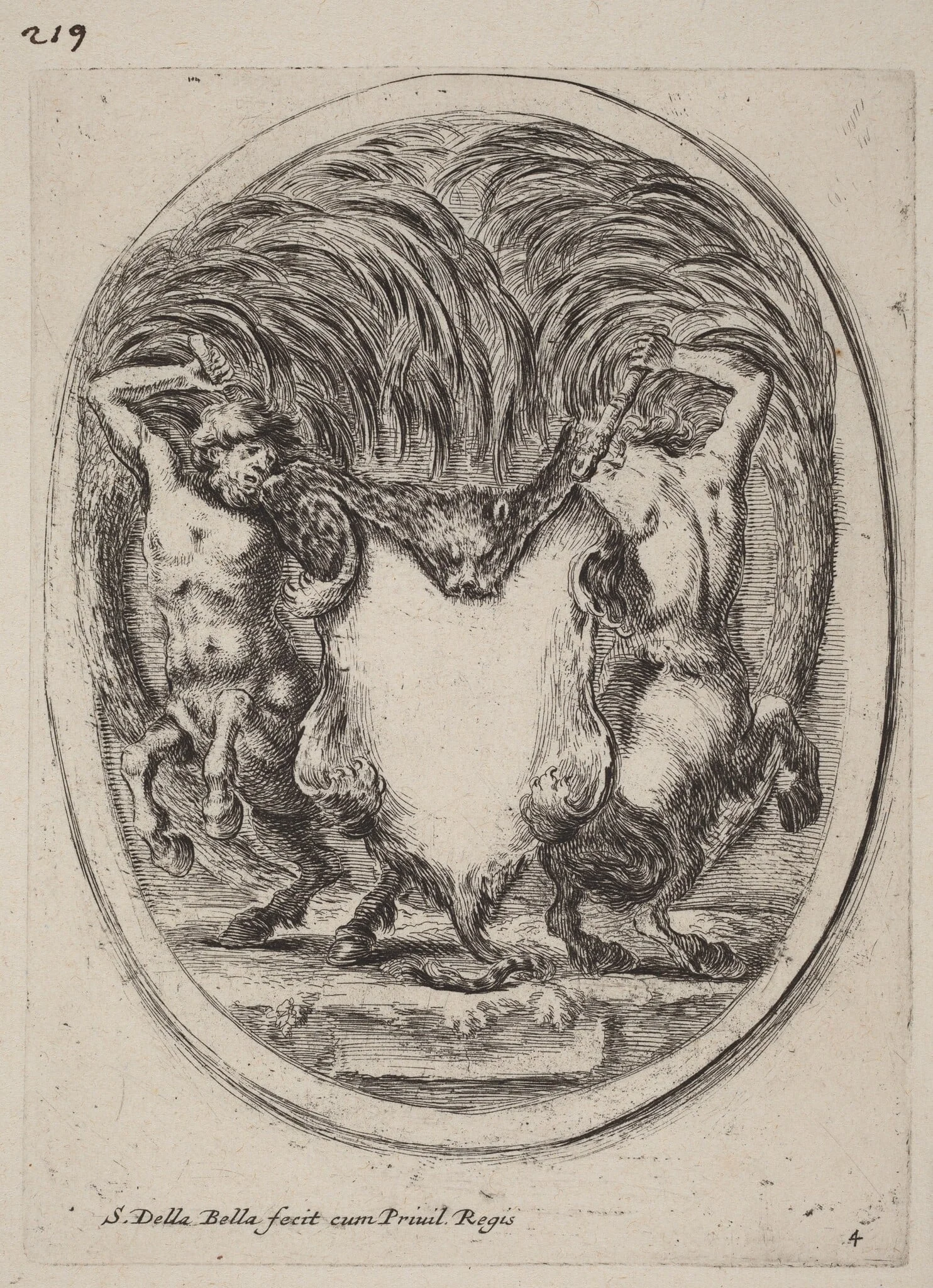 Cartouche in the Form of a Flayed Tiger Supported by Centaurs, by Stefano Della Bella, ink, 1647