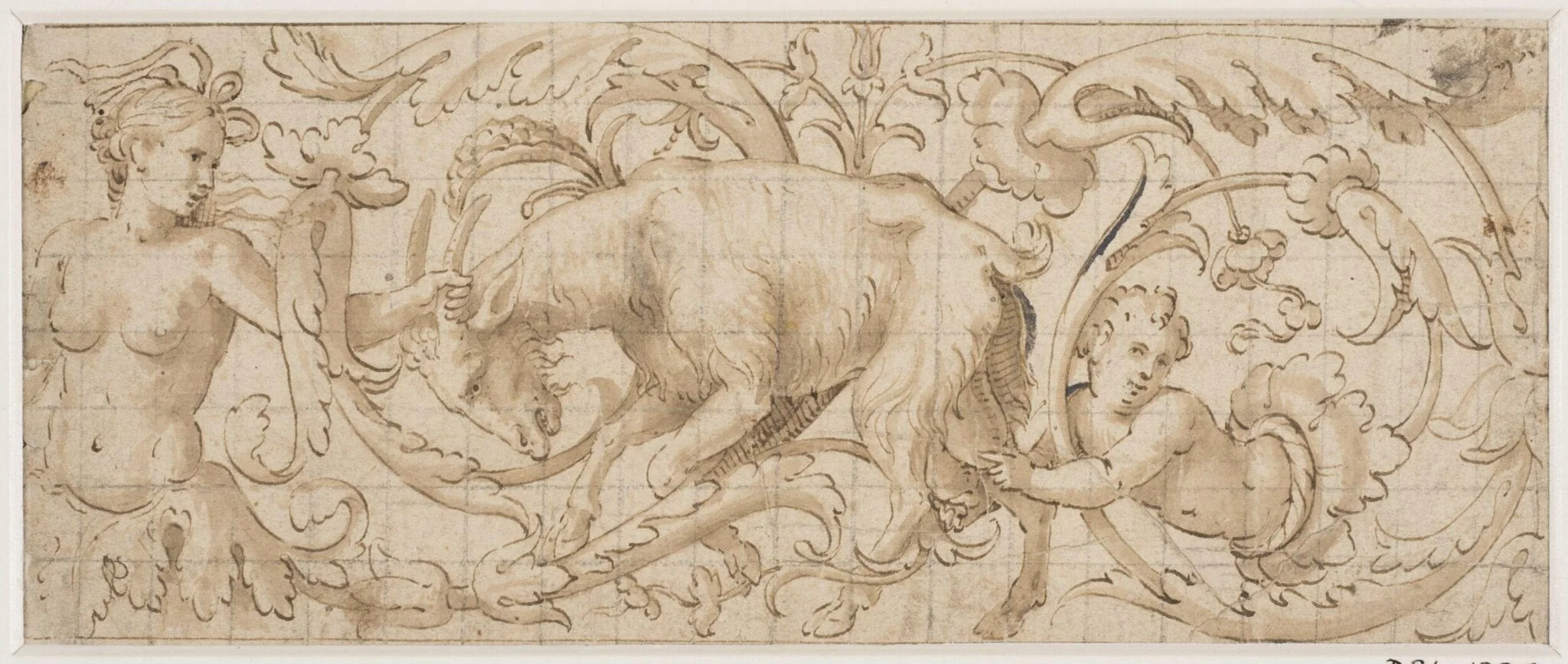 Frieze of foliated ornament containing a goat and two human figures