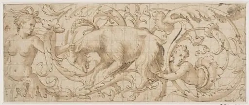Frieze of foliated ornament containing a goat and two human figures