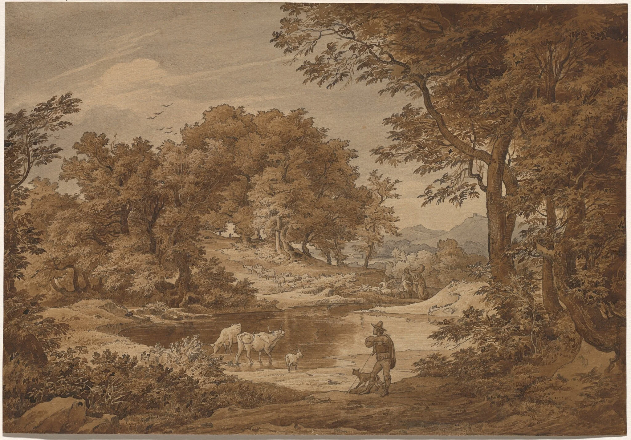 An Italianate Landscape with Shepherds, by Friedrich Preller the Elder, ink, 1831
