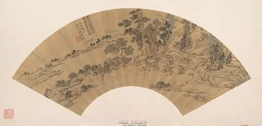 明　陳祼　茂樹清泉圖　扇|Recluse washing his feet in a stream