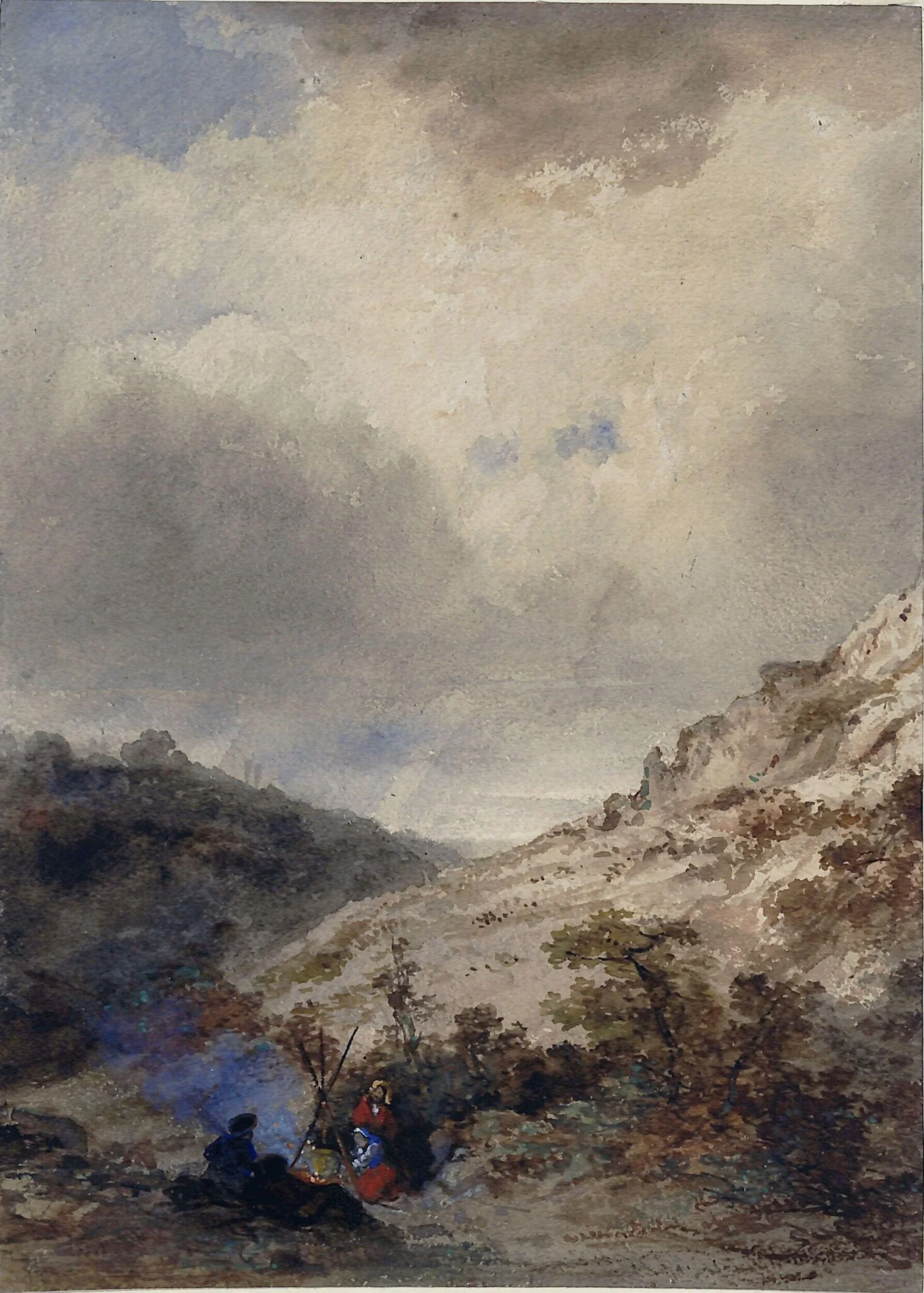 Landscape with two women sitting by a fire, by Théodore Fourmois, watercolor, 1835