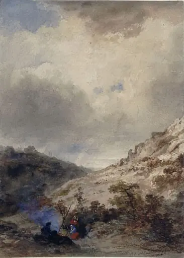Landscape with two women sitting by a fire