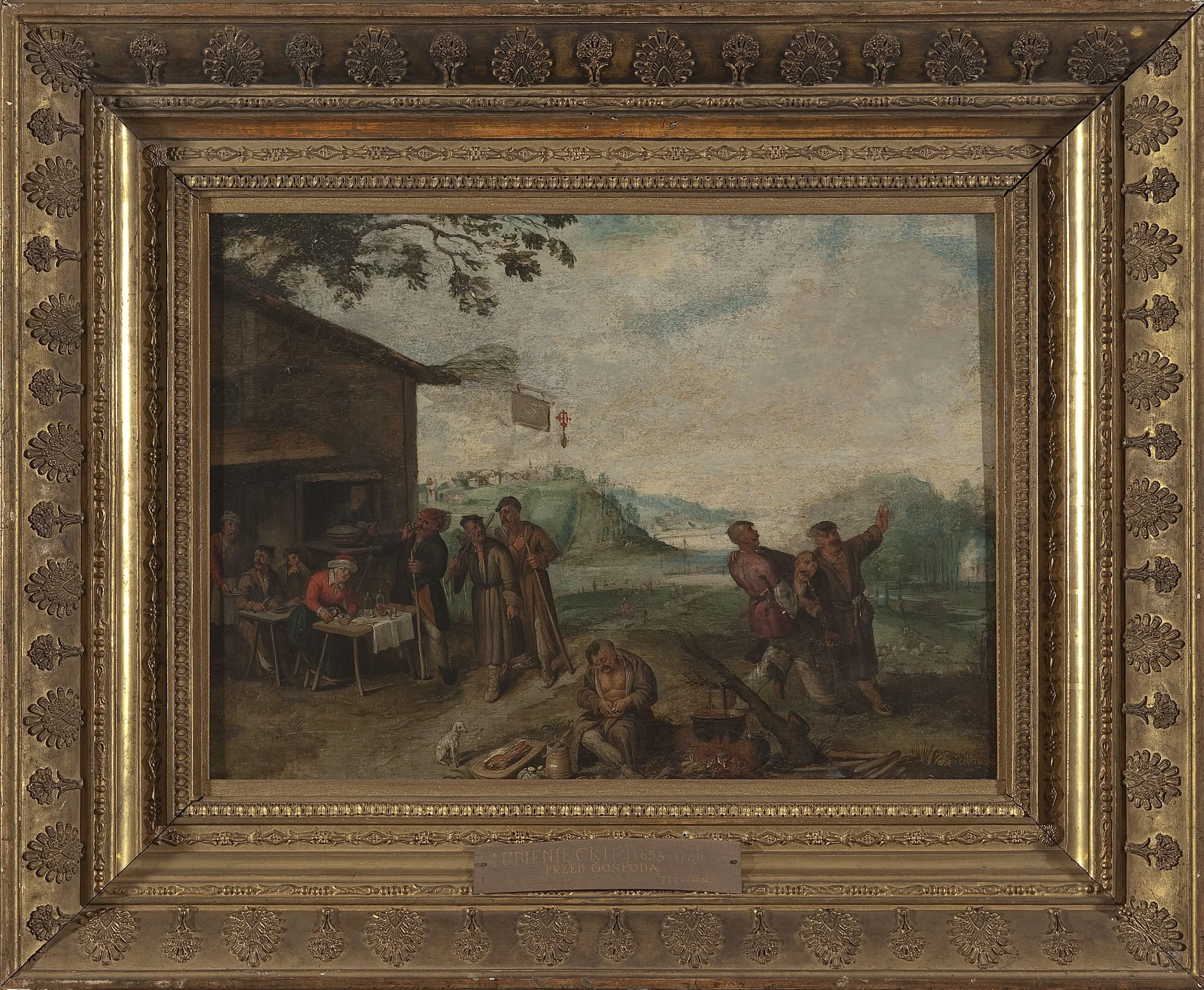 Scene in front of a tavern, by Krzysztof Lubieniecki, oil, 1704