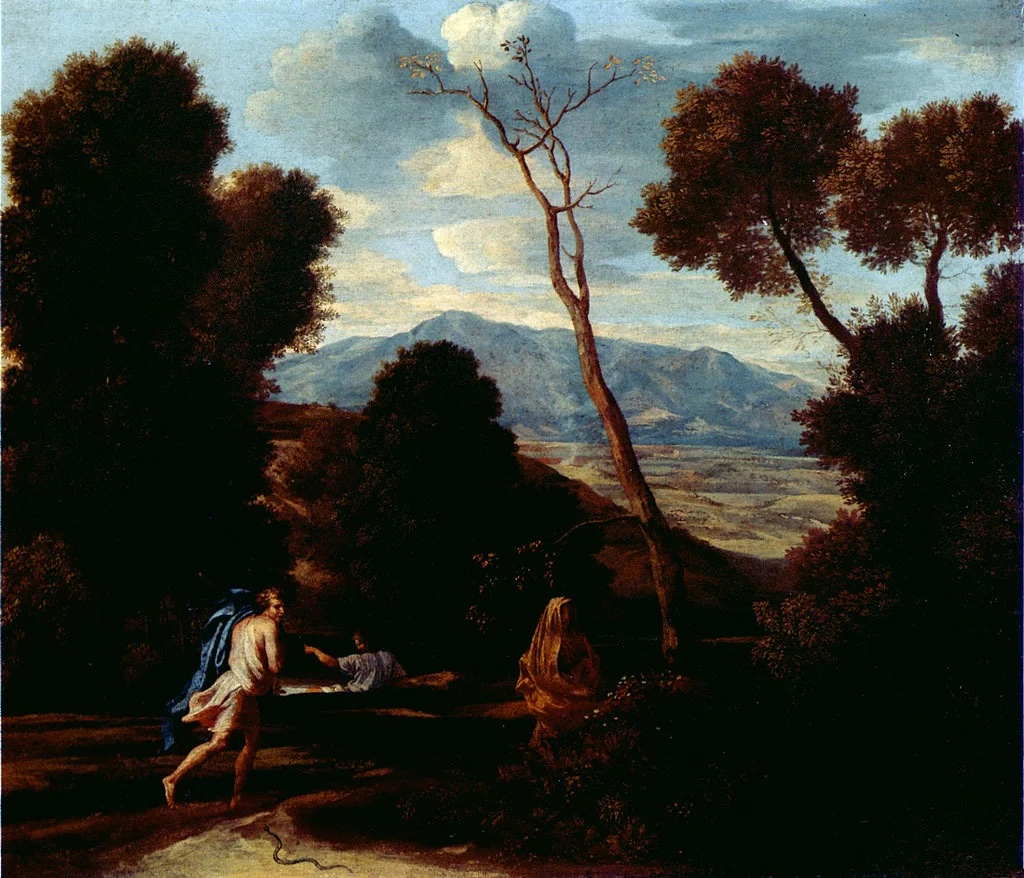 Landscape with a Man Frightened by a Snake, by Nicolas Poussin, oil, 1633