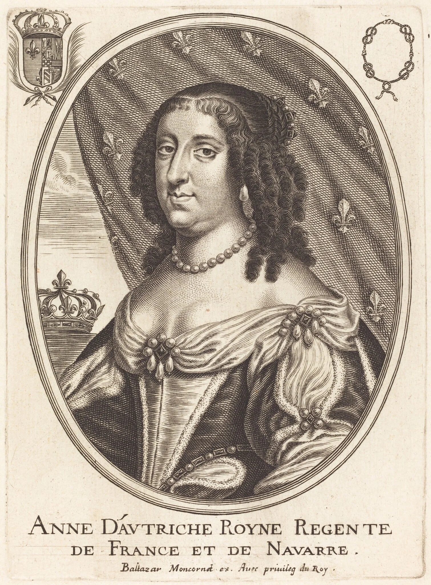Anne of Austria, by Balthasar Moncornet, ink, 1634