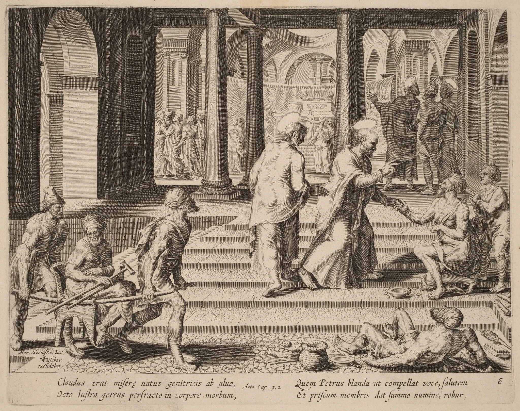 Saints Peter and John Heal a Cripple at the Gate of the Temple, by Philip Galle, ink, 1574
