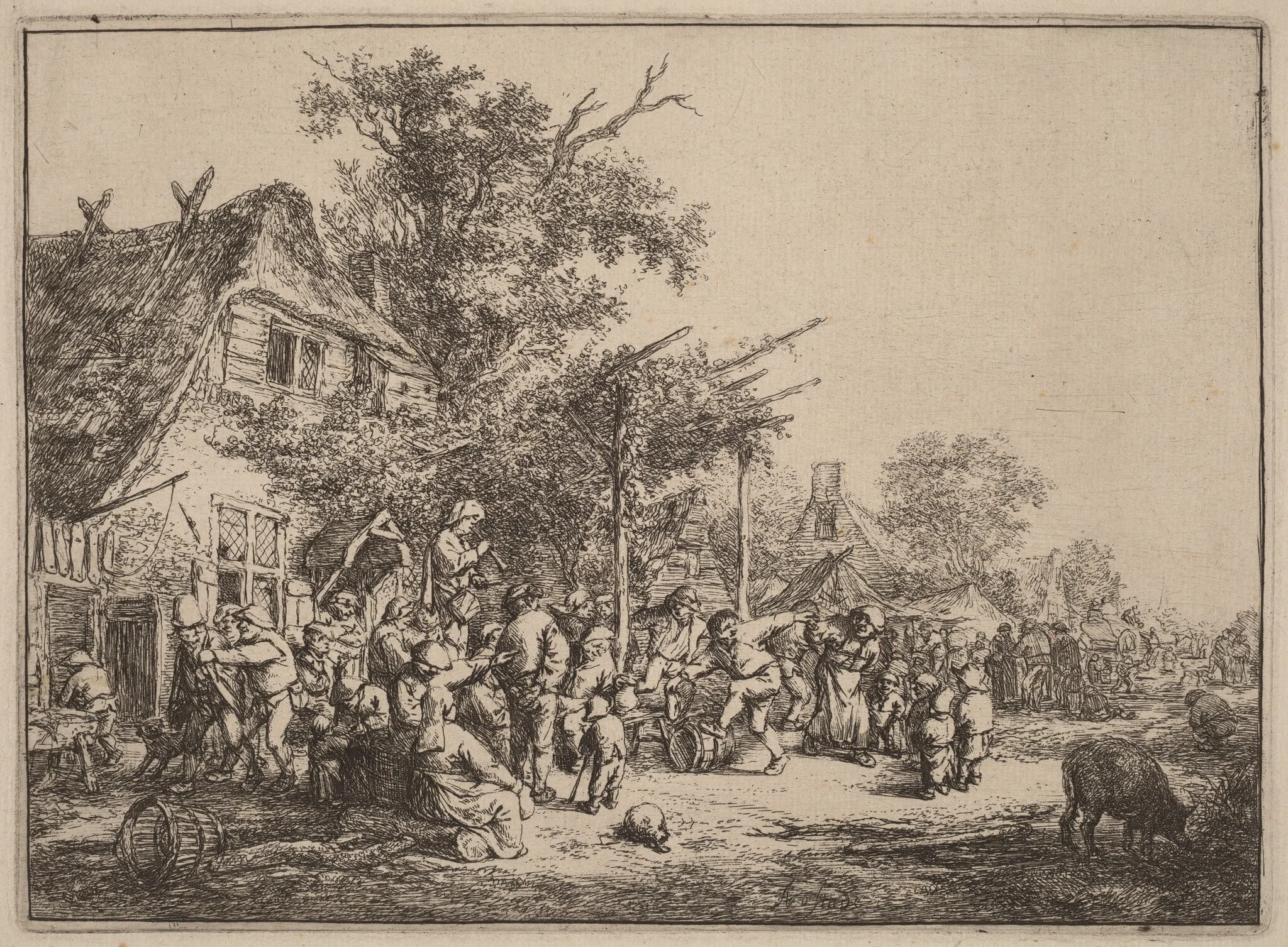 Village Kermesse with Peasants Feasting Under a Pergola, by Adriaen van Ostade, ink, 1652