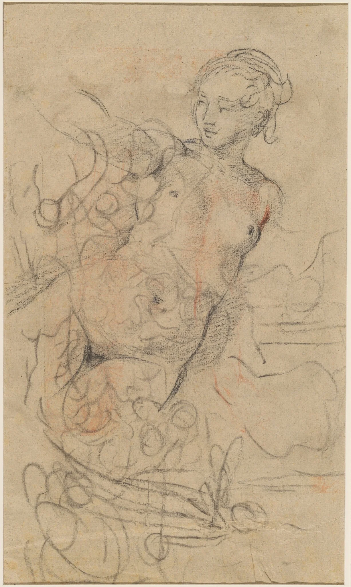 A Reclining Nude with Her Right Arm Raised over a Swift Composition Study [verso], by Jean-Baptiste Deshays, chalk, 1763