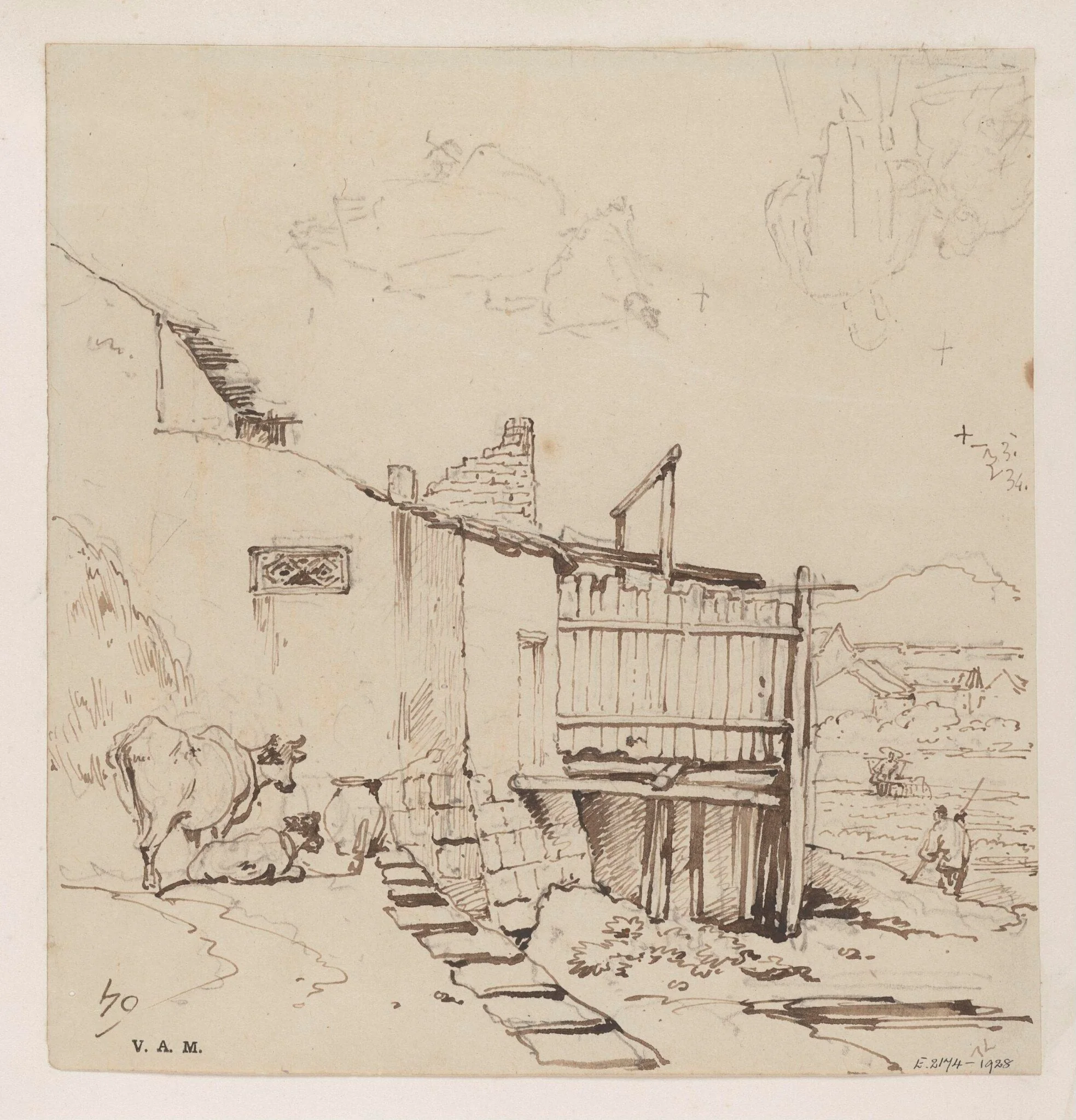 Cattle grazing by a ruinous building, by George Chinnery, 7