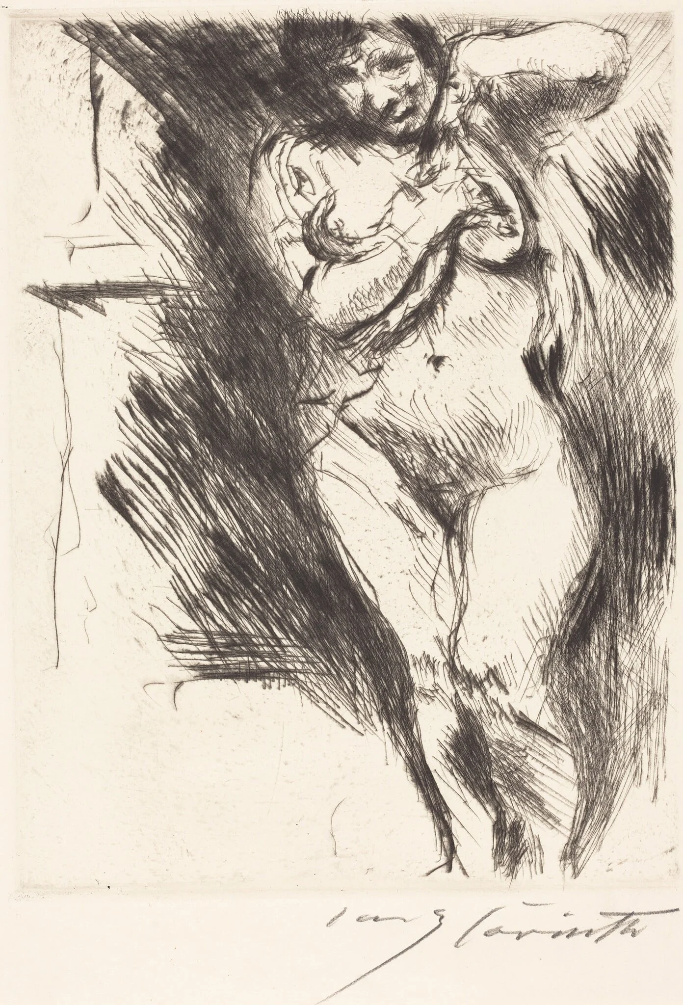 Akt mit hochgehobenem Hemd (Woman Undressing), by Lovis Corinth, ink, 1921