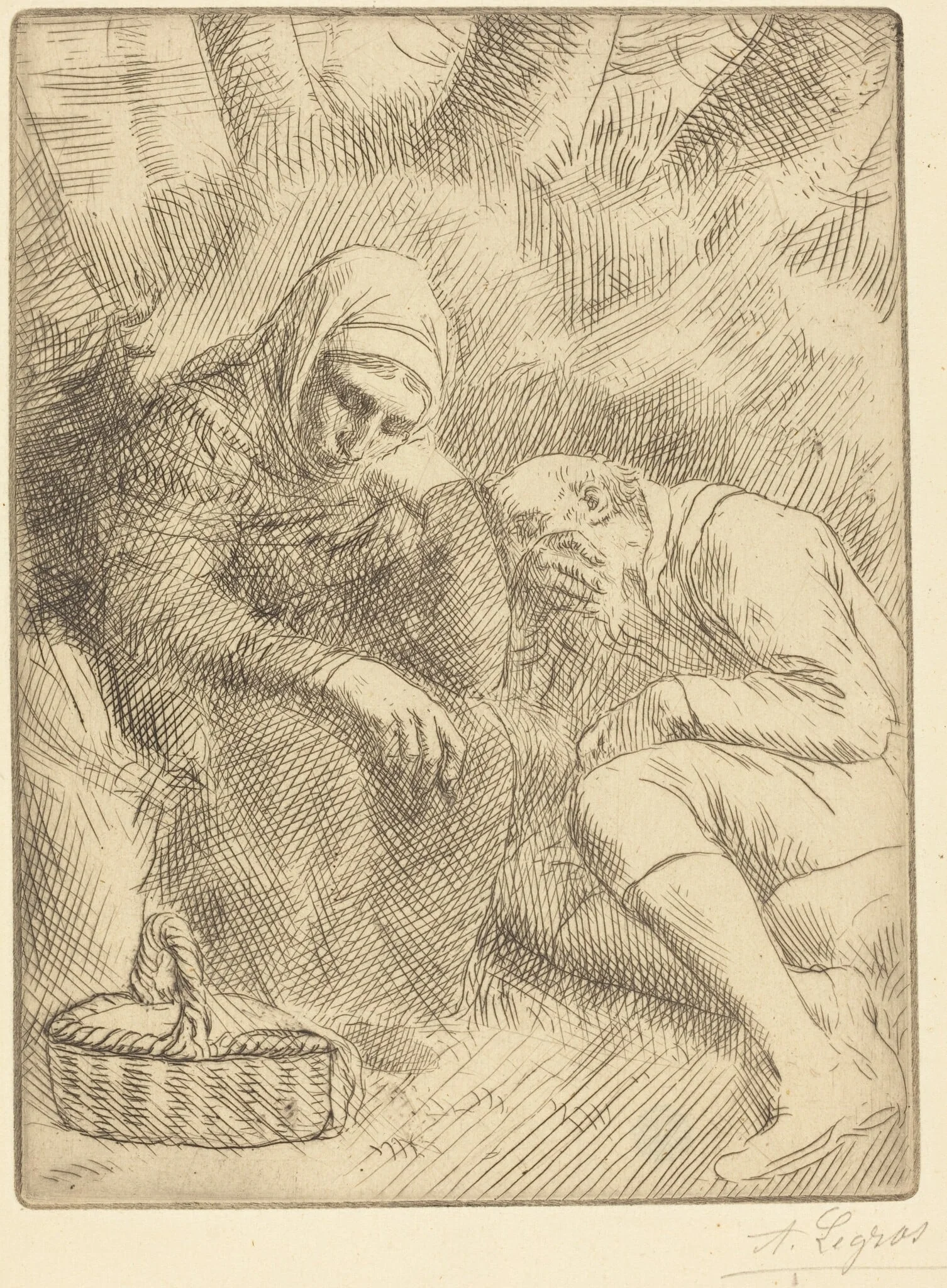 Man and Wife Seated by the Road with a Basket(Homme et femme assis au bord de la rou te aven un panier), by Alphonse Legros, ink, 1874