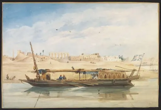 A Kanja on the Nile at Luxor, with the Temple of Luxor behind