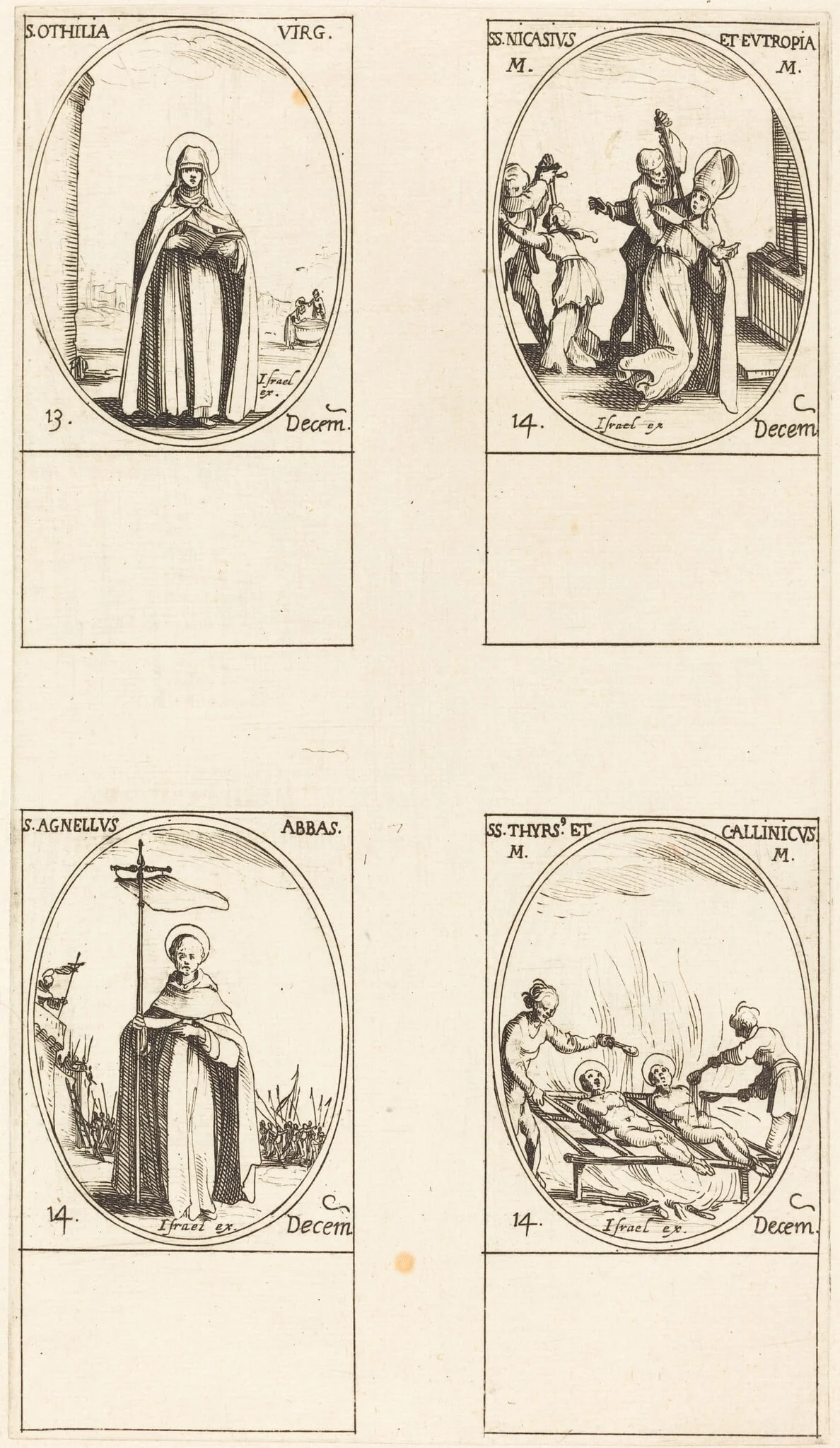 St. Othilia; Sts. Nicasius & Eutropia; St. Agnelus; Sts. Thyrsus & Callinicus, by Jacques Callot, ink, 1634