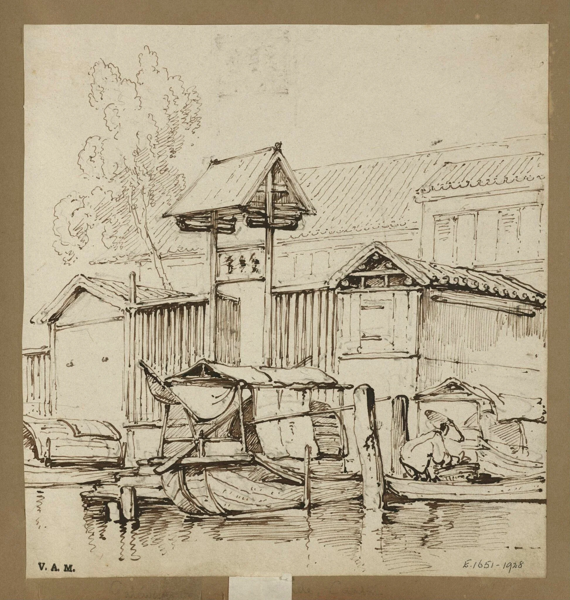 Tanka boats by a gateway at the water's edge, Macau, by George Chinnery, 19