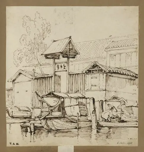 Tanka boats by a gateway at the water's edge, Macau