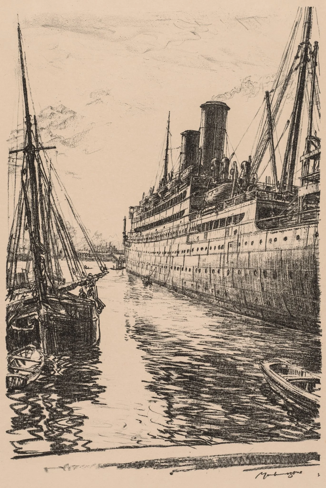 On the Clyde, 1917-1918:  The Tuscania at Glasgow, by Muirhead Bone, 1918