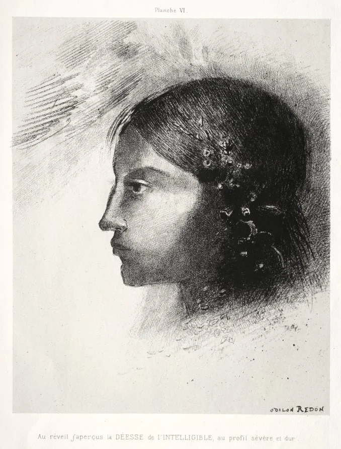 Upon Awakening I Saw the Goddess of the Intelligible with Her Severe and Hard Profile, by Odilon Redon, 1885