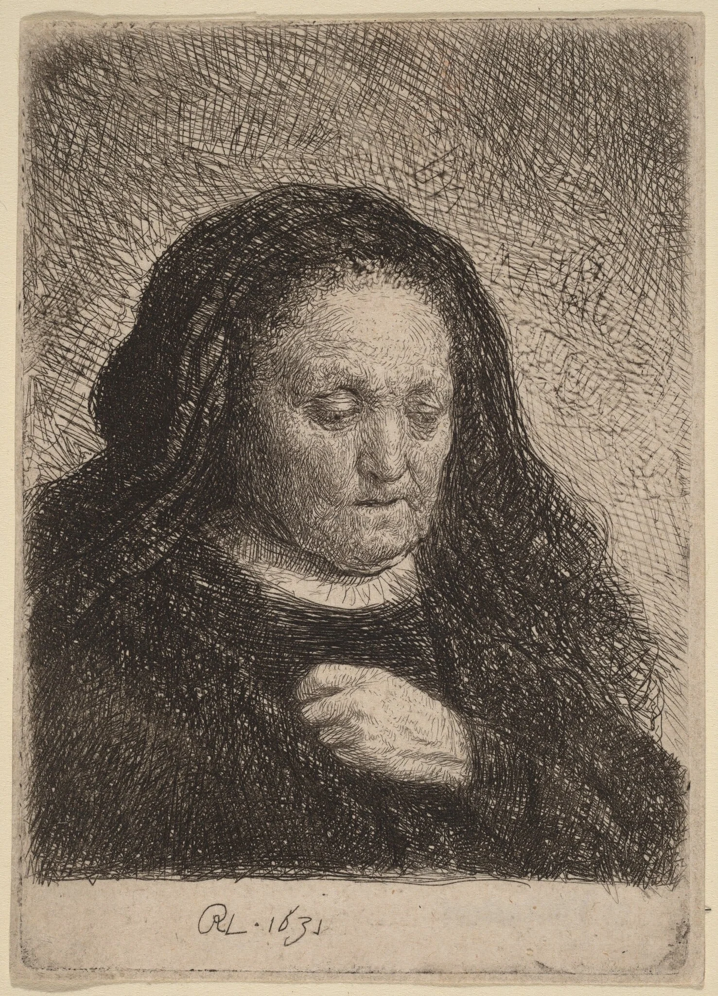 The Artist's Mother with Her Hand on Her Chest, by Rembrandt, ink, 1631