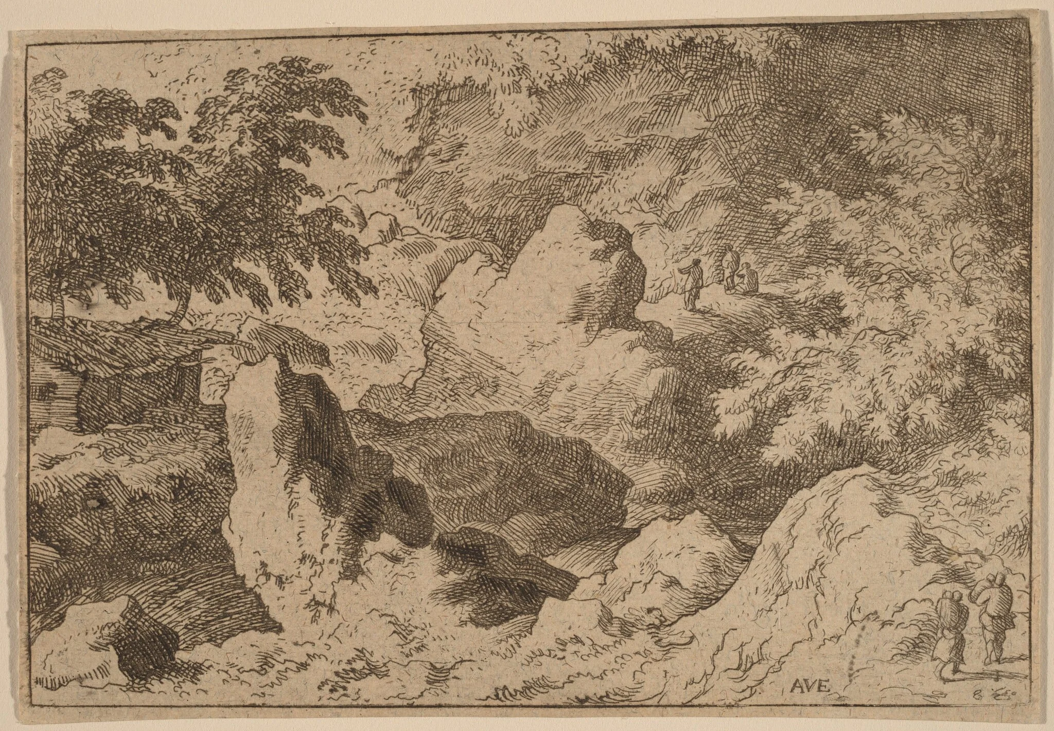 Three Men on a Rock, by Allart van Everdingen, ink, 1650