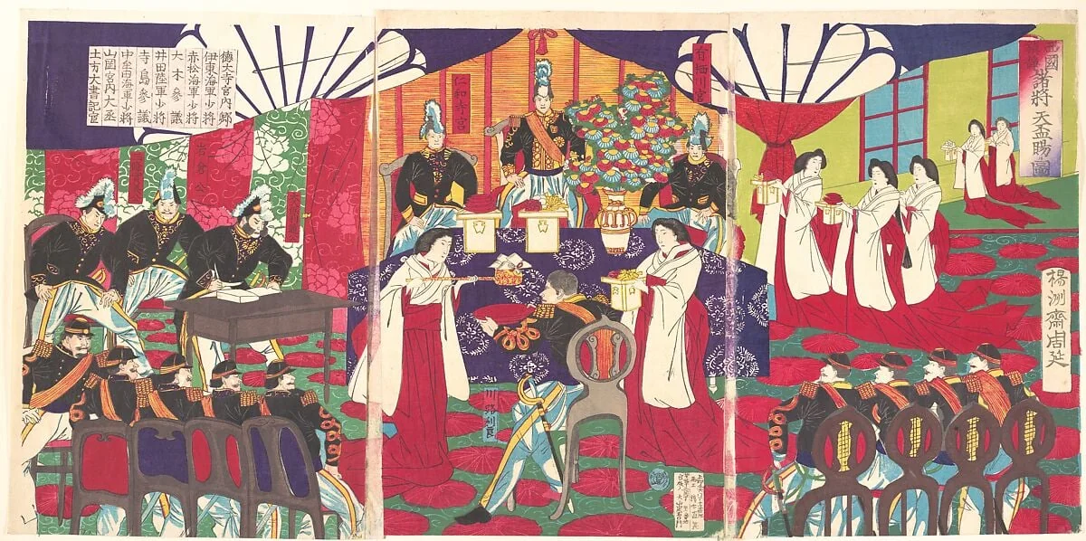 西国諸将鎮静天杯賜ル之図|Illustration of the Commanders who Pacified Western Japan, Receiving the Emperor's Gift Cups (Saigoku chinsei shoshō tenpai o tamawaru no zu), by Yōshū (Hashimoto) Chikanobu, ink, 1887