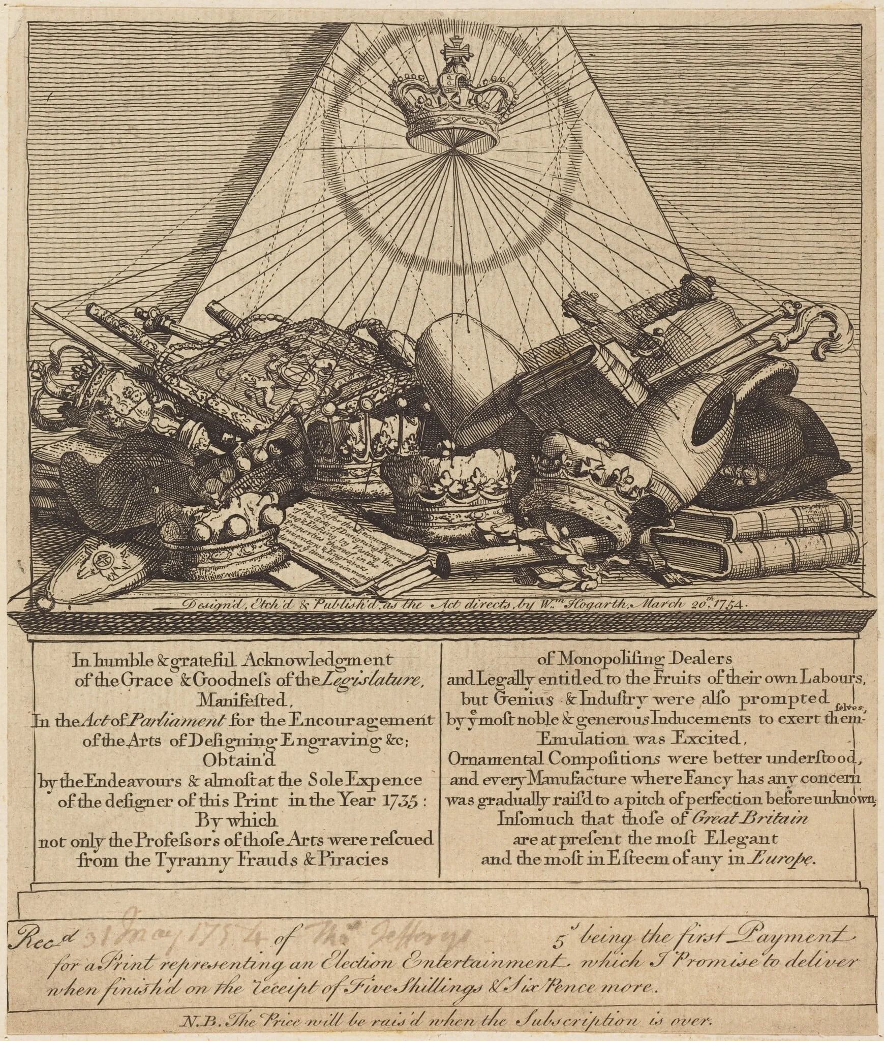 Crowns, Mitres, Maces, Etc., by William Hogarth, ink, 1754