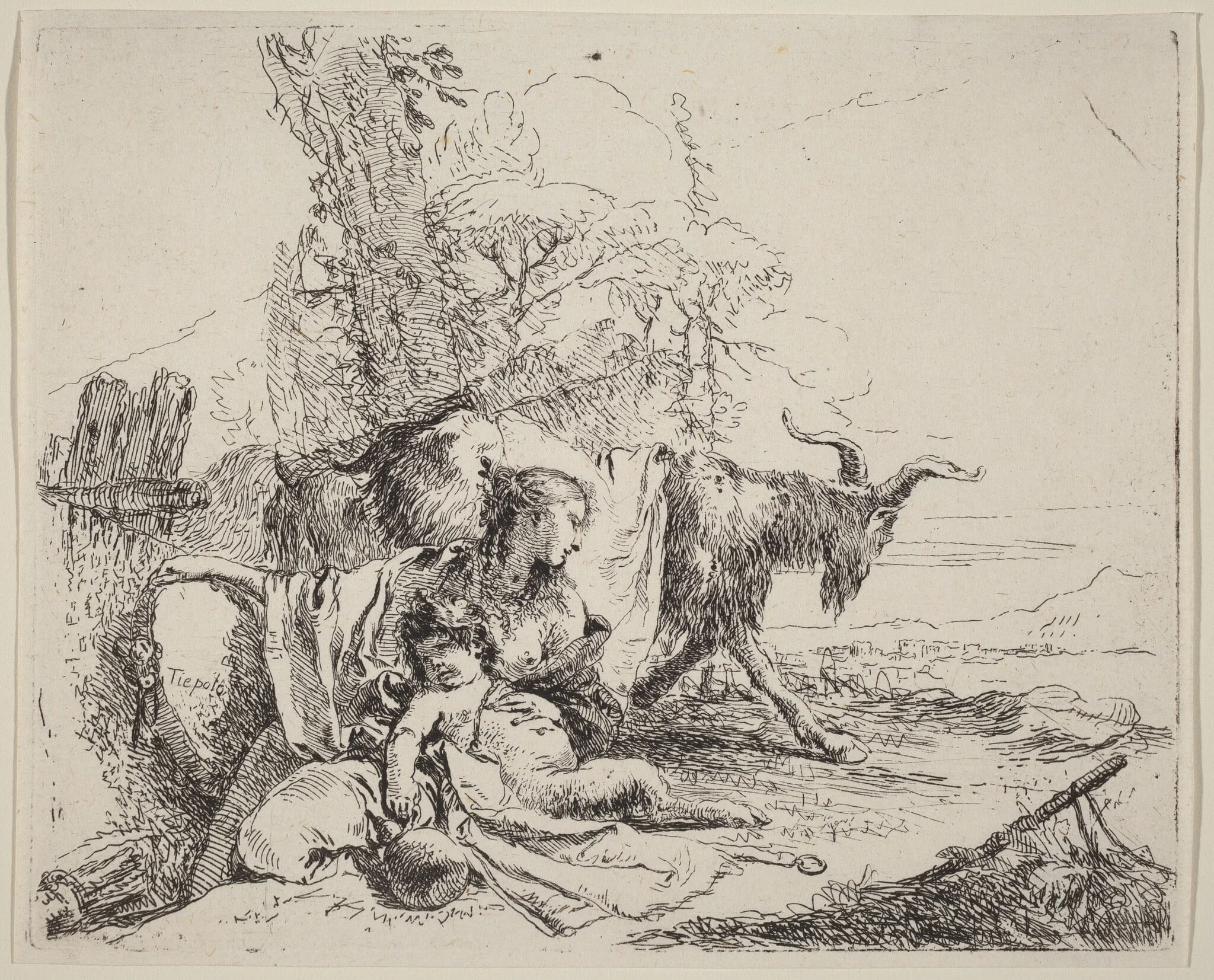 Woman, Satyr Child, and Goat in a Landscape, by Giovanni Battista Tiepolo, ink, 1785