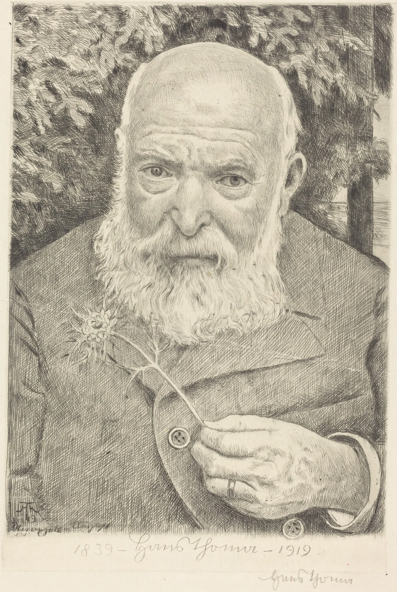 Self-Portrait VI with Flower, by Hans Thoma, ink, 1909
