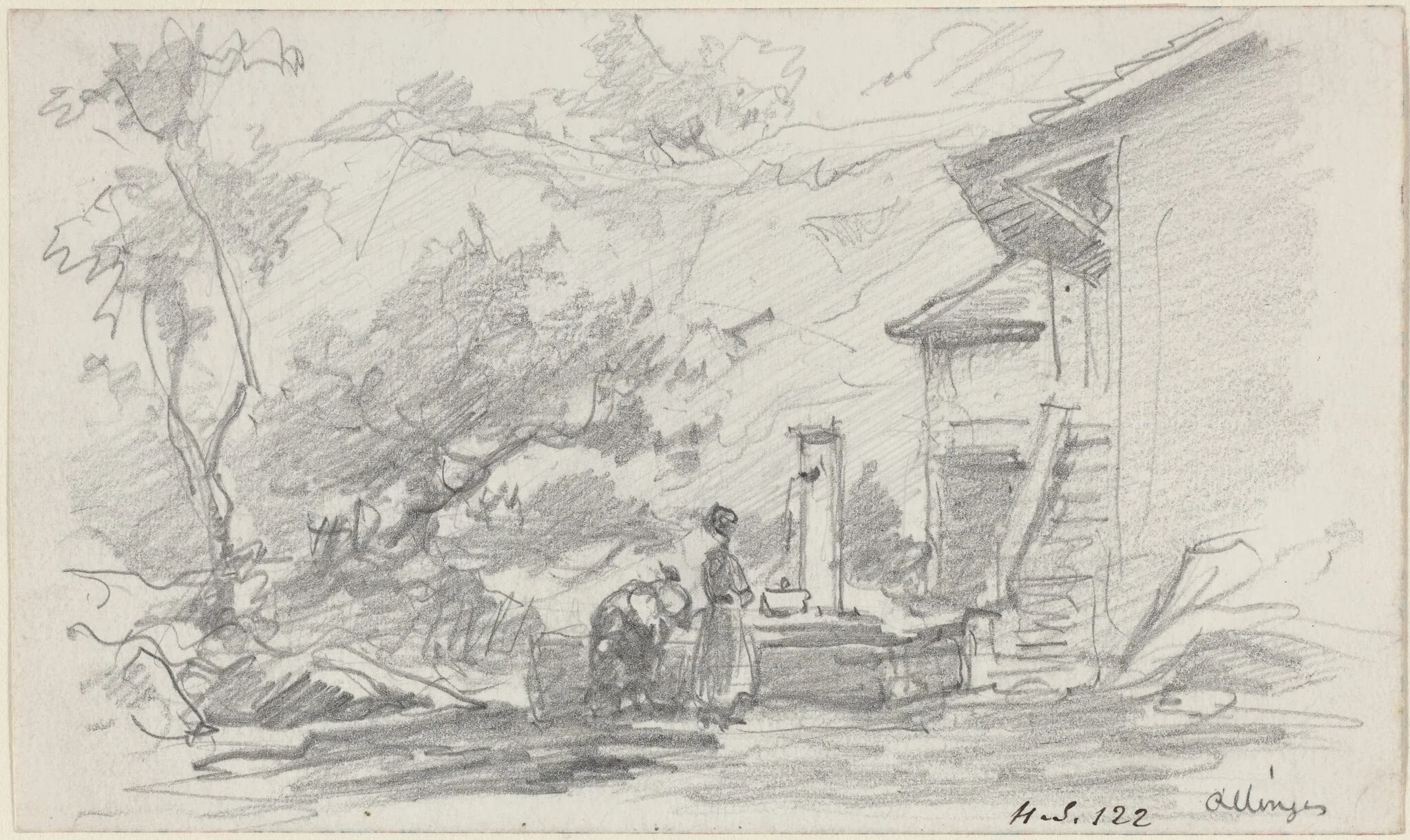 Women at a Well, Allinges, by Eugène Boudin, graphite, 1861
