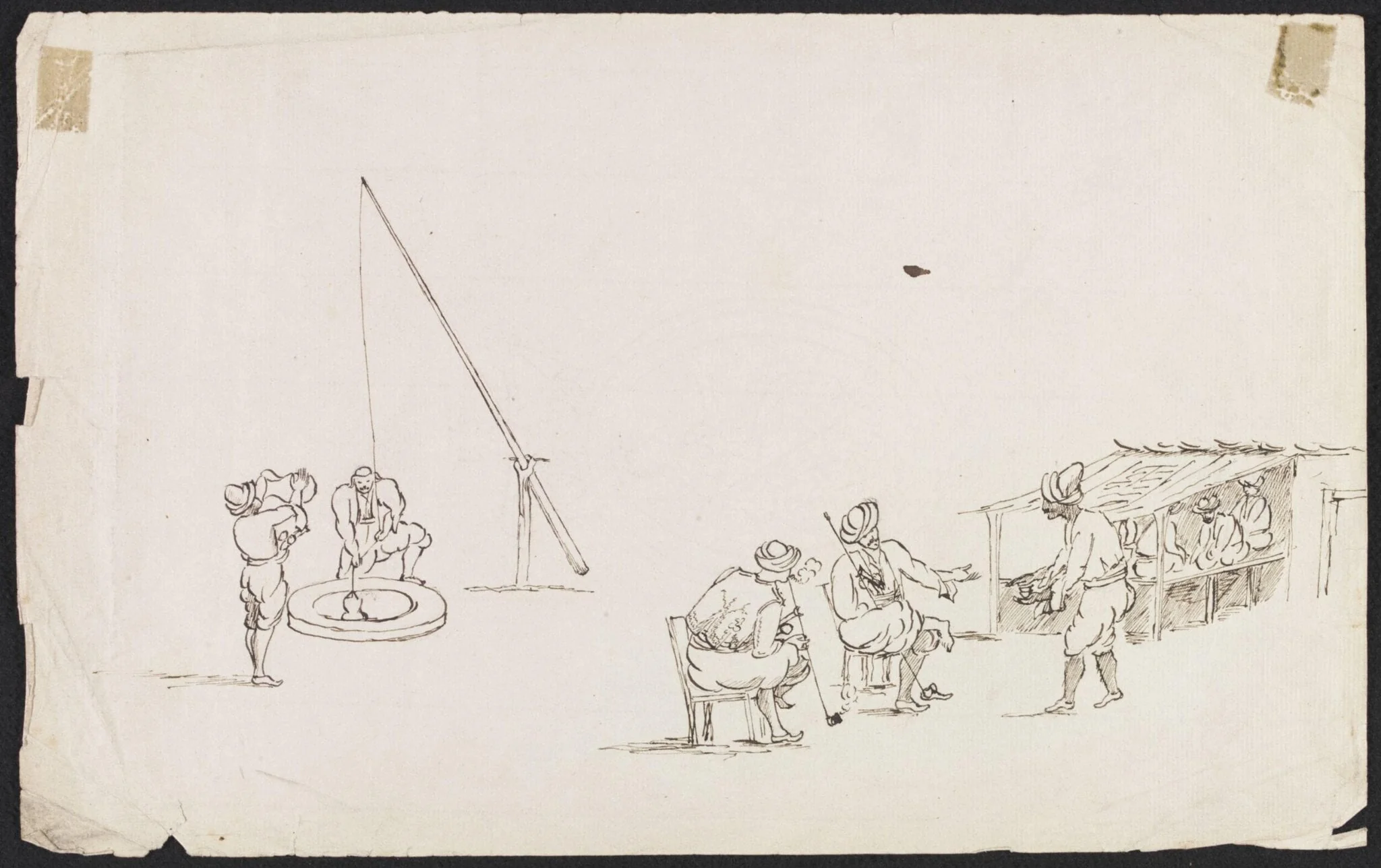 Wayside café, with men drawing water from a well, and others seated, smoking, being served with coffee, by Unknown, 1822