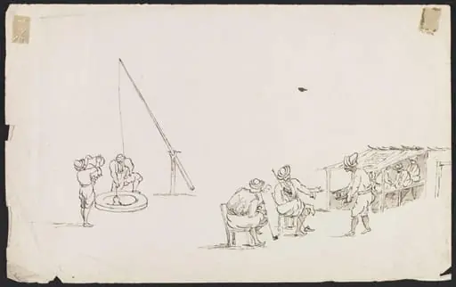 Wayside café, with men drawing water from a well, and others seated, smoking, being served with coffee