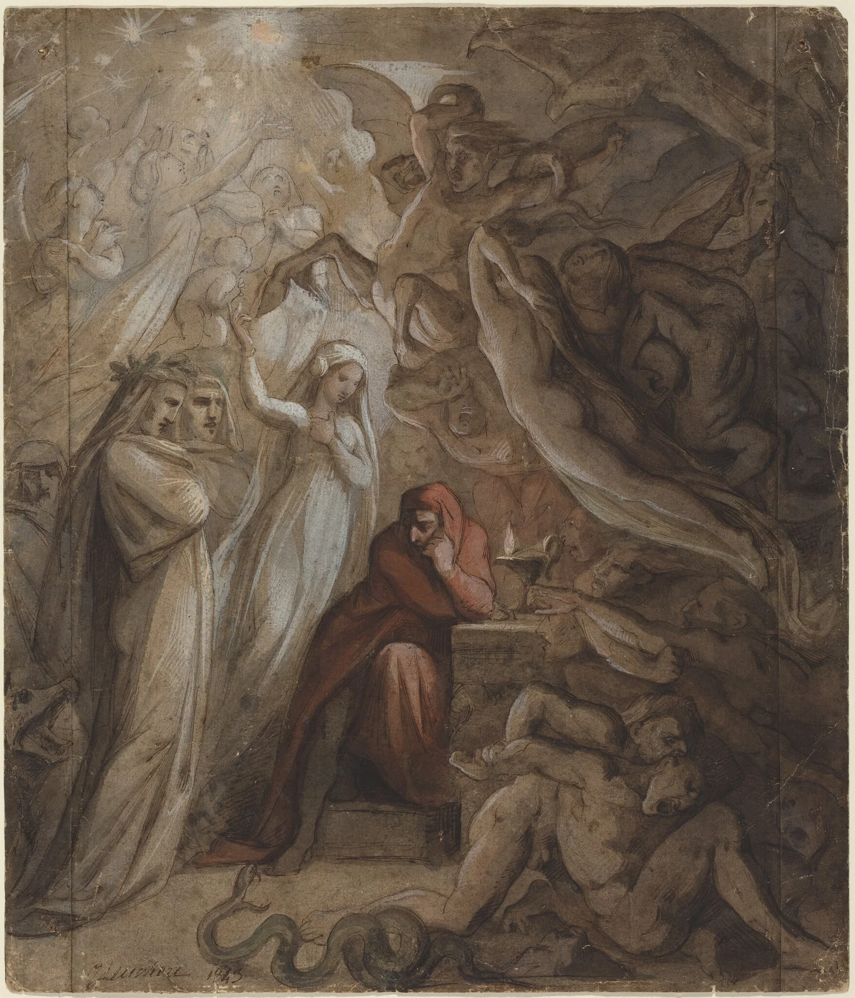 Dante Meditating on the "Divine Comedy", by Jean-Jacques Feuchère, ink, 1843