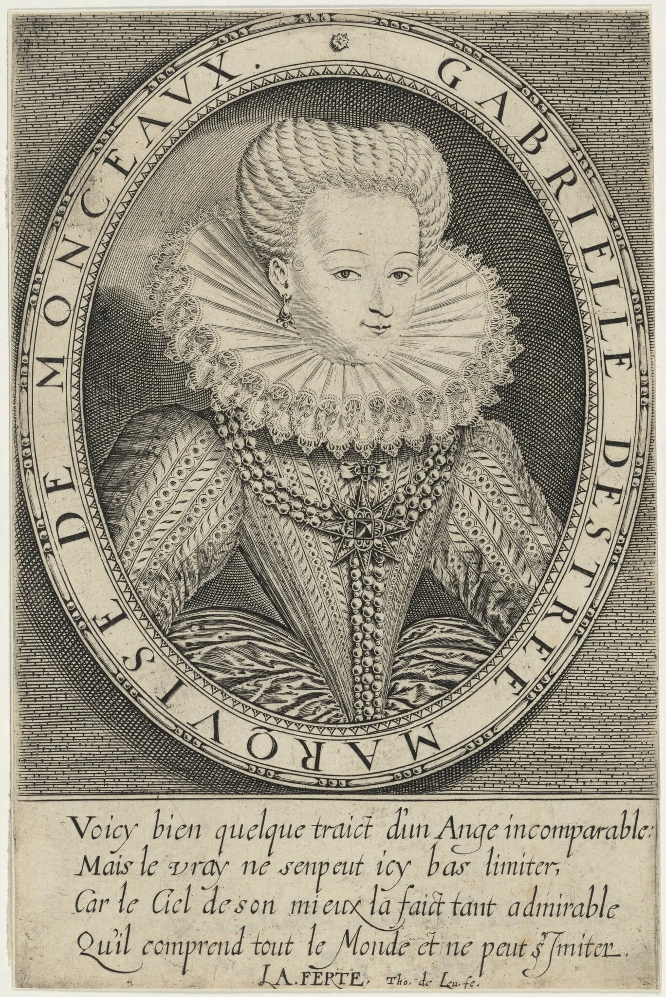 Gabrielle D'Estrees, Marquise de Monceaux, by Thomas de Leu, ink, 1590