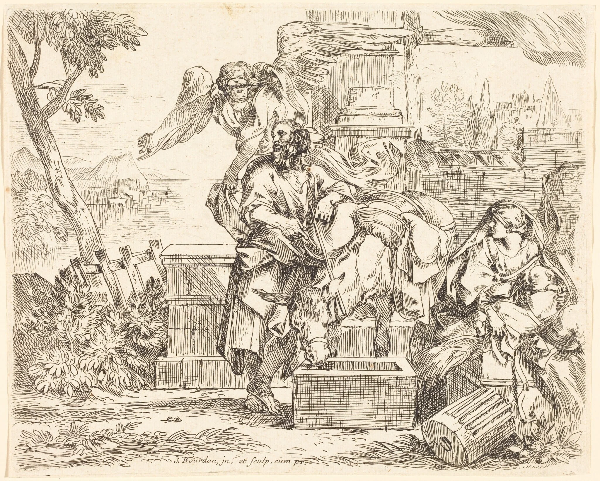 Saint Joseph Listening to the Angel's Counsel, by Sébastien Bourdon, ink, 1644