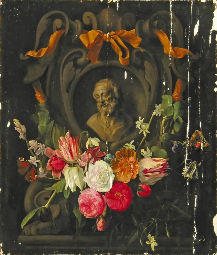 Garland of Flowers around the the Bust an Old Man in a Cartouche