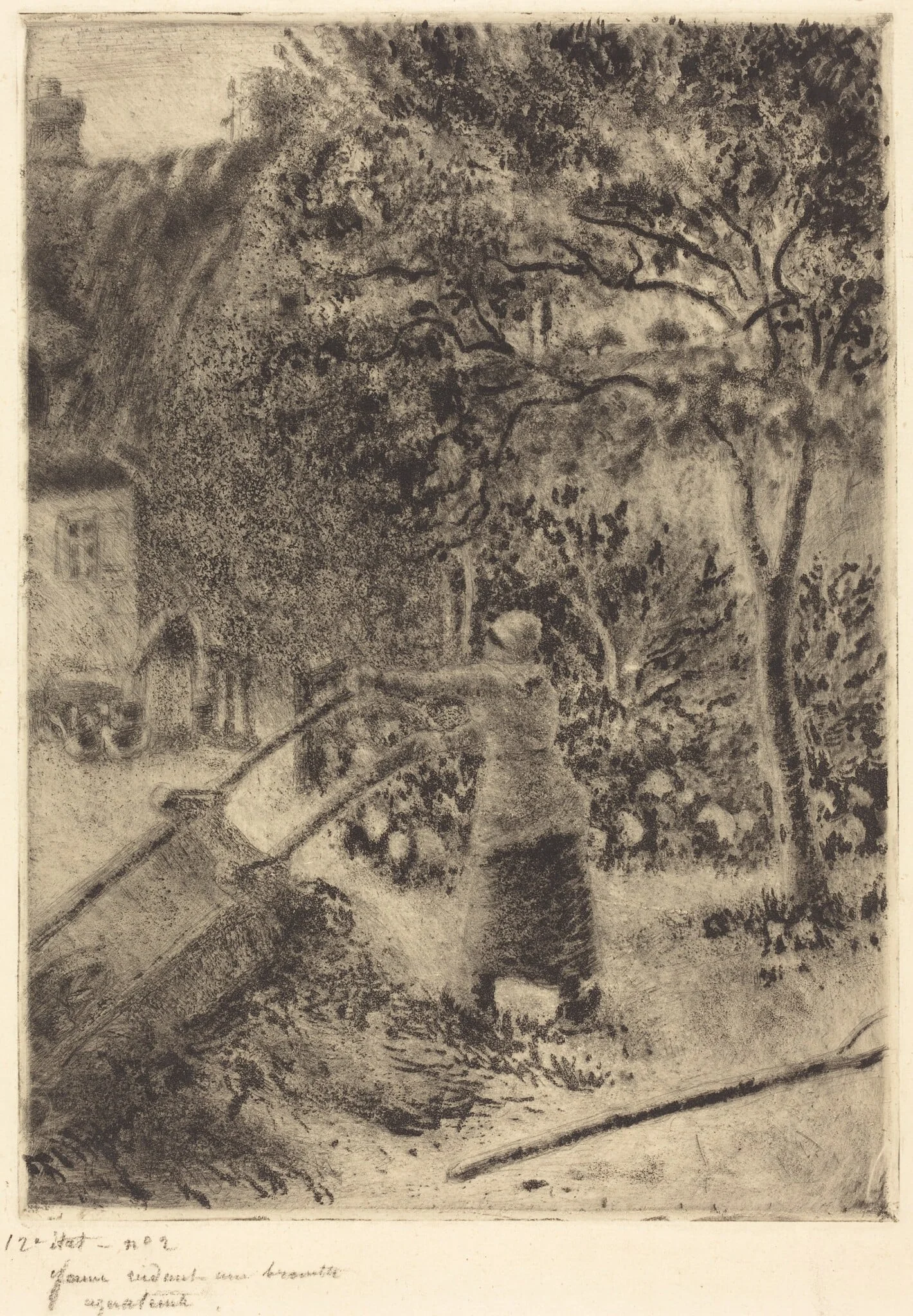 A Woman Emptying a Wheelbarrow (Femme vidant une brouette), by Camille Pissarro, ink, 1880