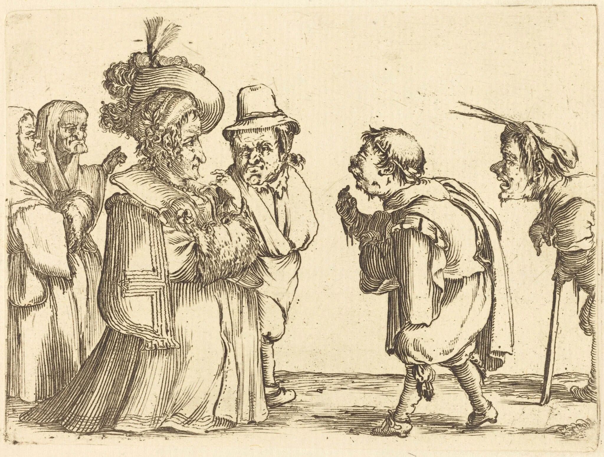 A Lady Greeted by a Dwarf, by Stefano Della Bella, ink, 1637