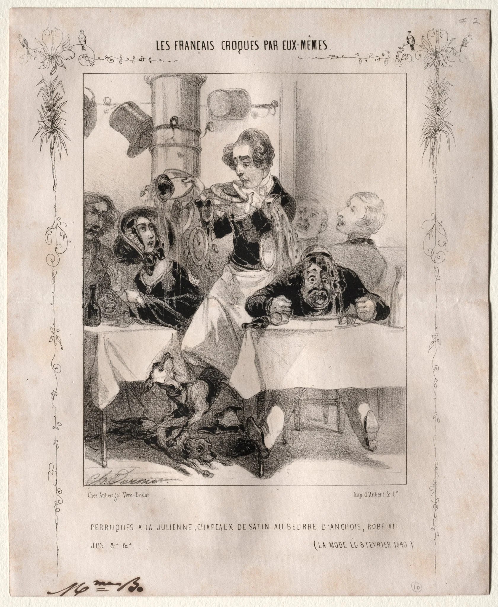 Les Français croquès par eux-mêmes:  Perruques a la Julienne, Chapeaux de satin au beurre d'anchois, robe au jus, by Charles Vernier, 1840