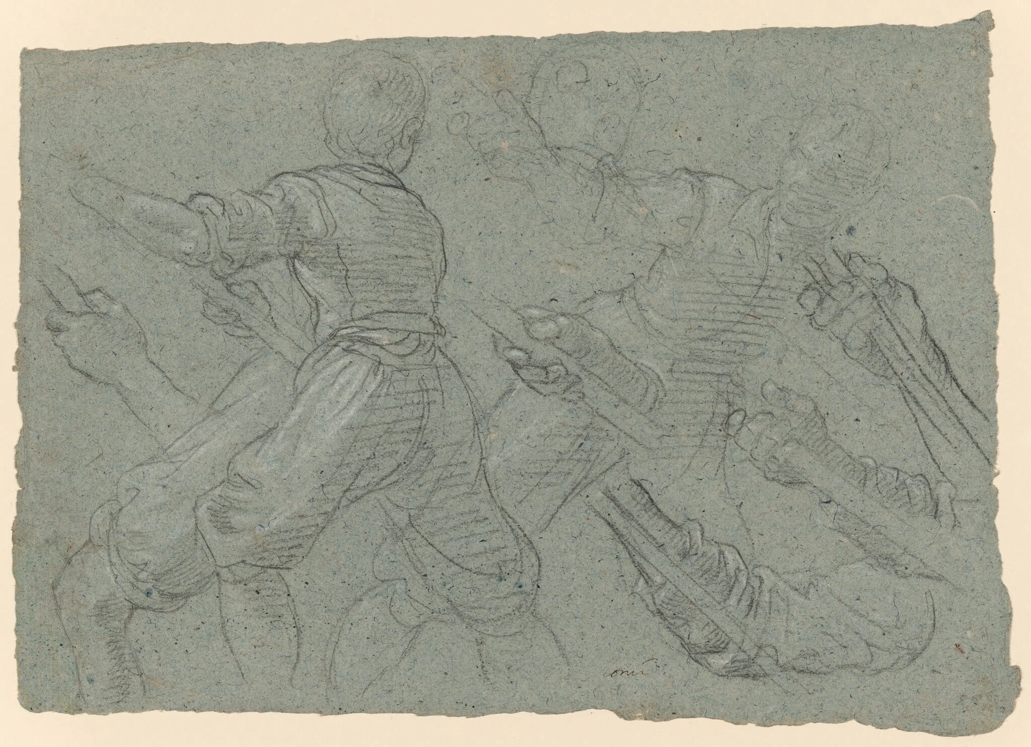 Studies of a Youth Pulling Ropes (recto); Faint Study of a Youth Pulling a Rope (verso), by Aurelio Lomi, chalk, 1614