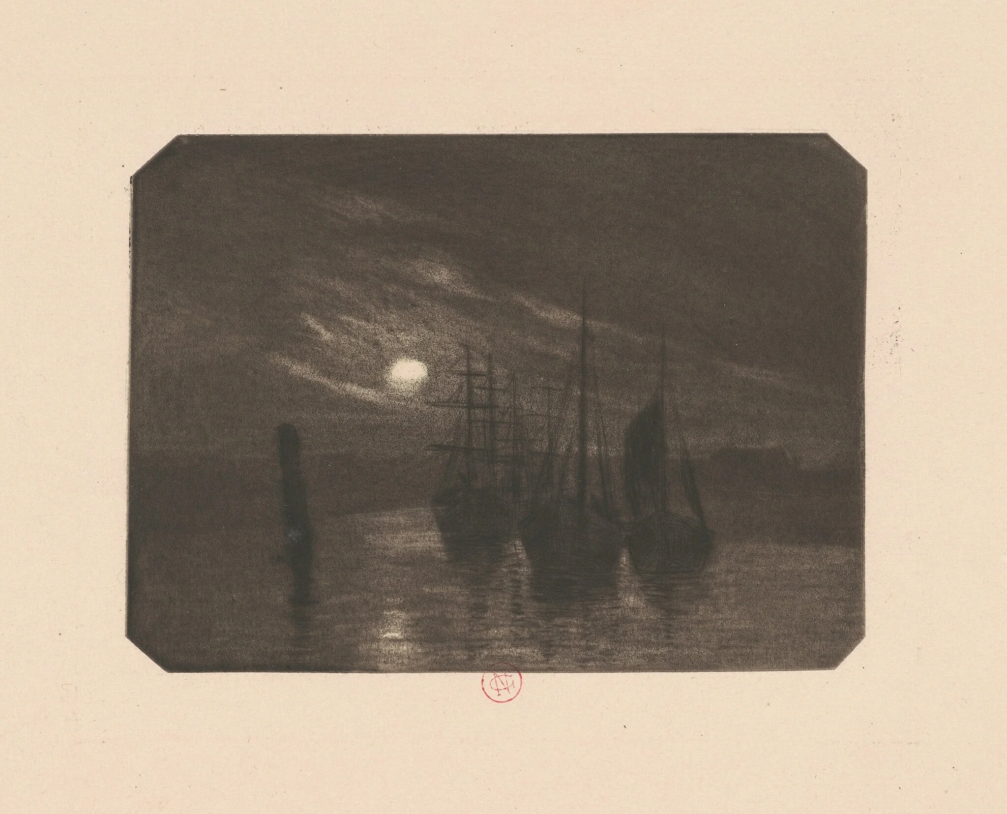 A Moonlit Harbor, by Norbert Goeneutte, ink, 1894