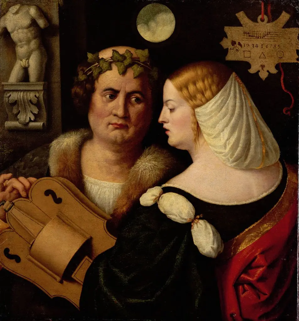 Poet Playing a Hurdy-Gurdy with a Young Woman by Giovanni Busi, called Cariani, c. 1520