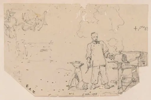 A blacksmith and a seated man