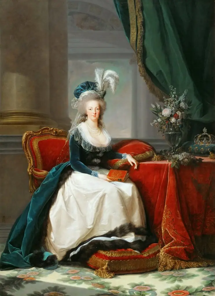 Marie-Antoinette seated, in blue coat and white dress, holding a book in her hand