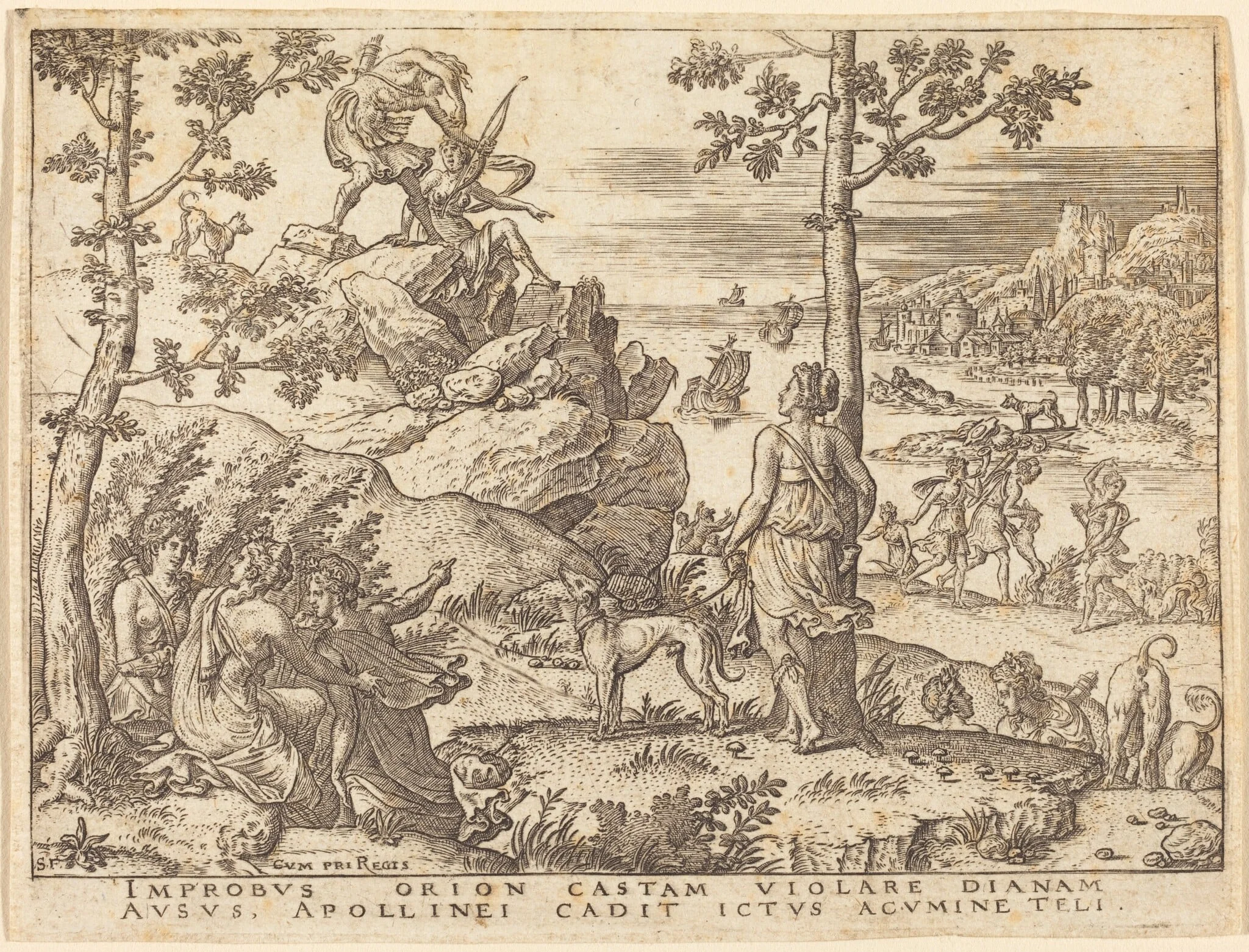 Orion Killed by Apollo, by Etienne Delaune, ink, 1551
