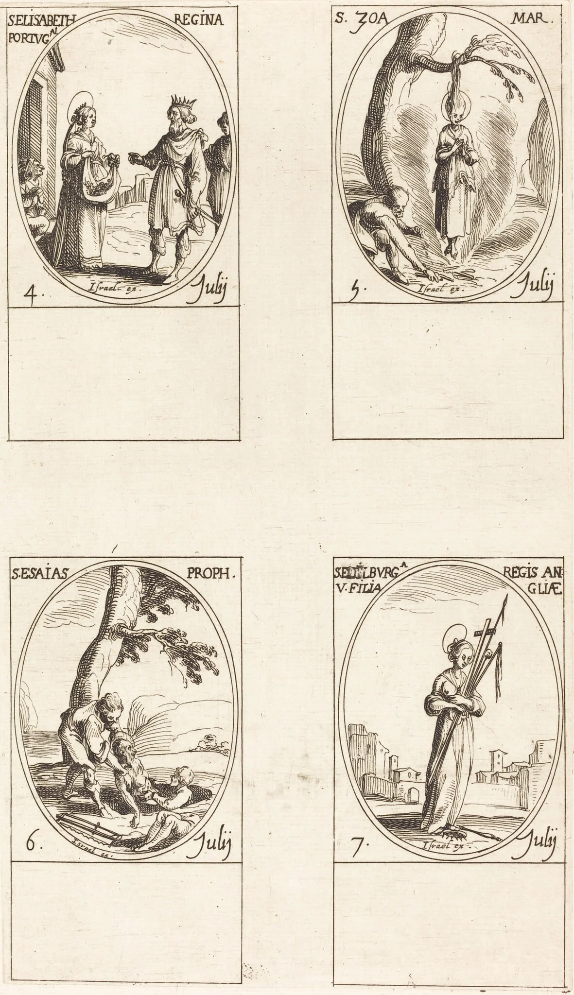 St. Elizabeth of Portugal; St. Zoe; St. Isaiah, Prophet; St. Edelburge, by Jacques Callot, ink, 1634