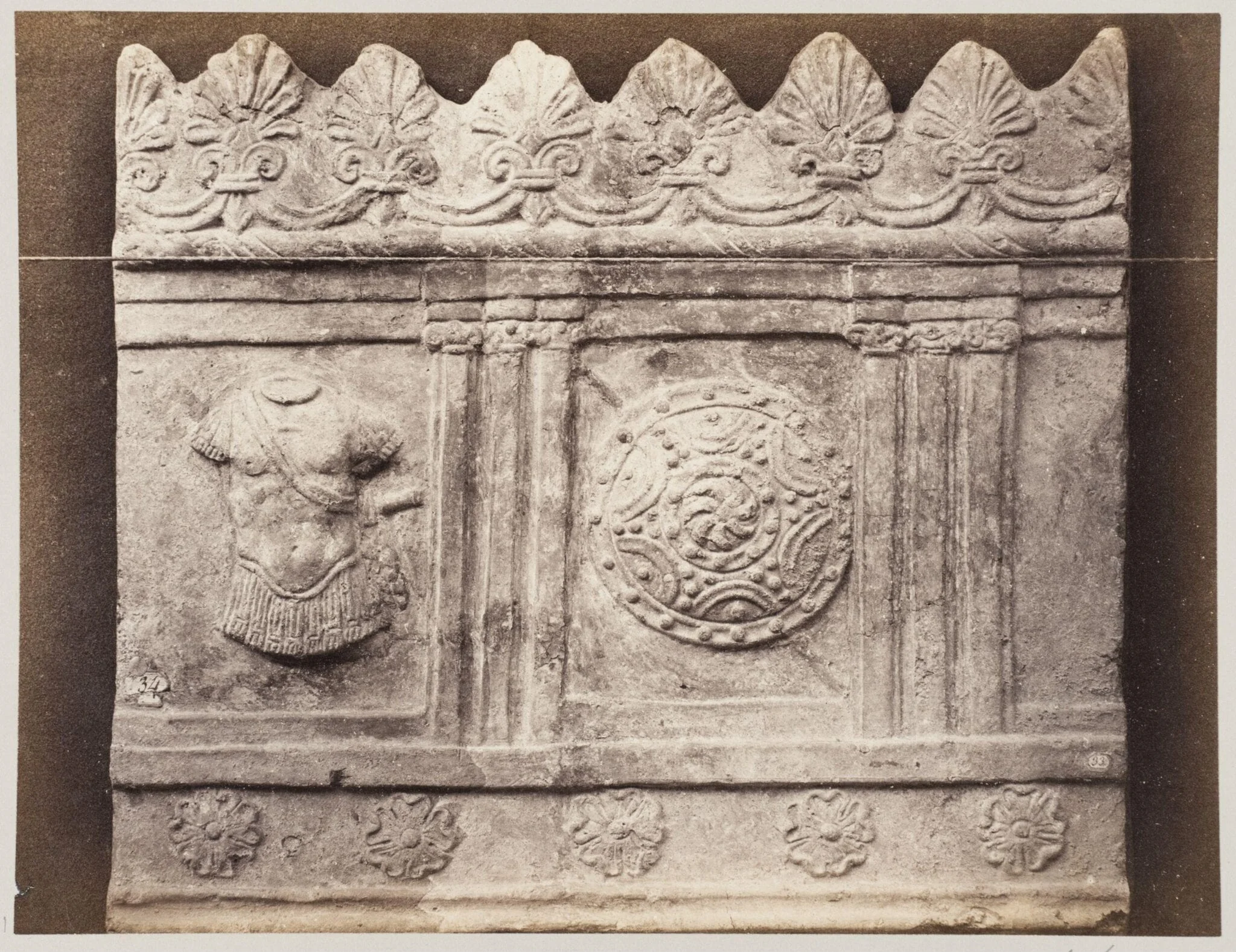 Bas-relief portion of a frieze of with trophies in terra cotta, by Louise Laffon, photographic, 1864
