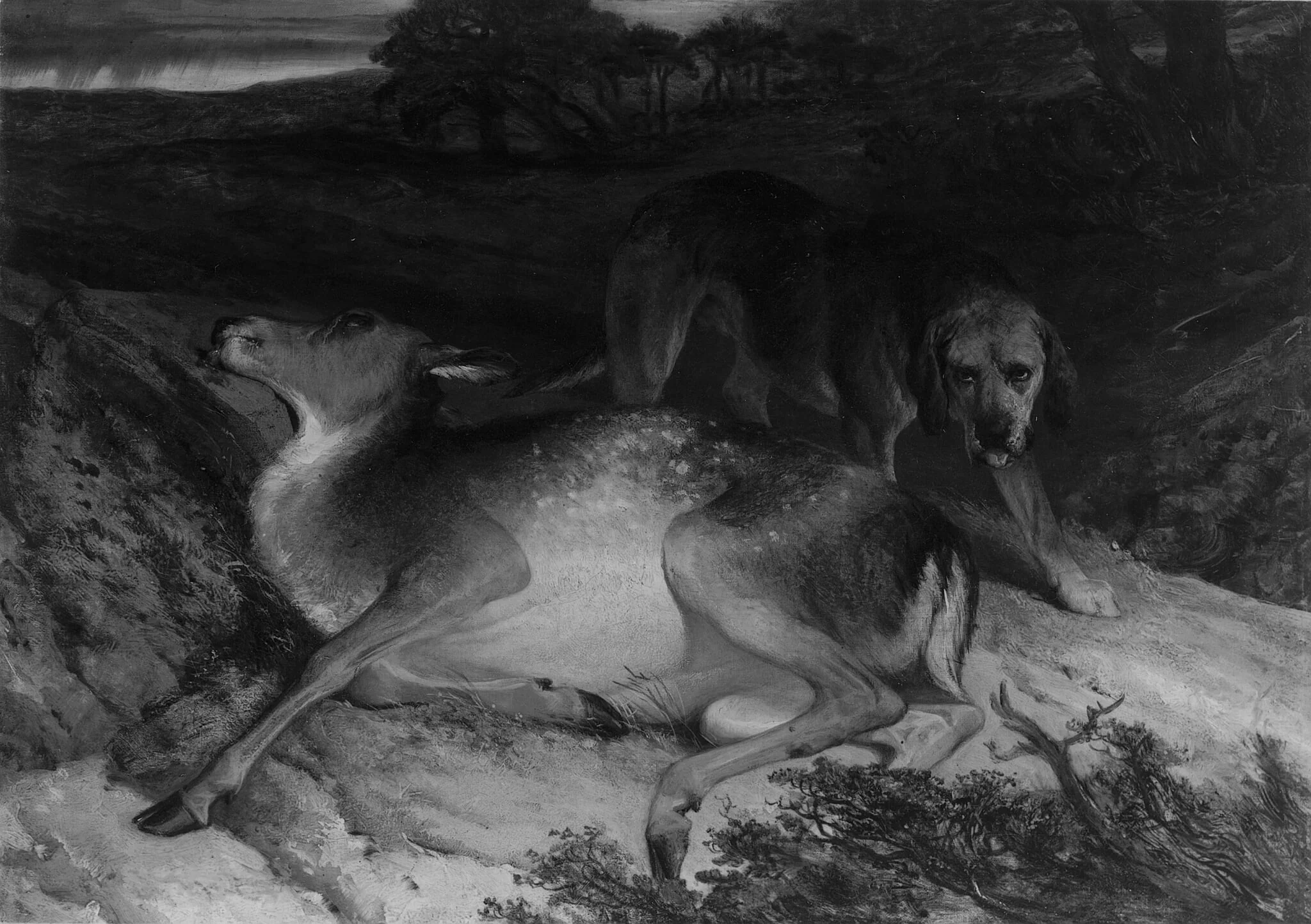 Wounded Stag and Dog, by Edwin Landseer, oil, 1825