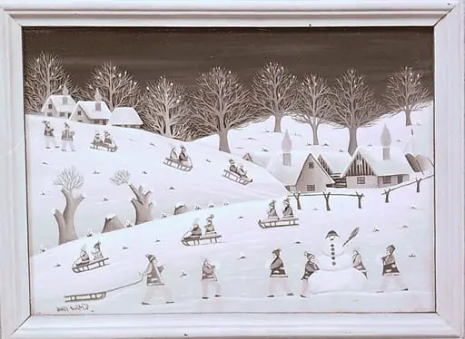 Sequences from the Village Museum, naive painting by Petru Mihuțe - Children at sling (1988)