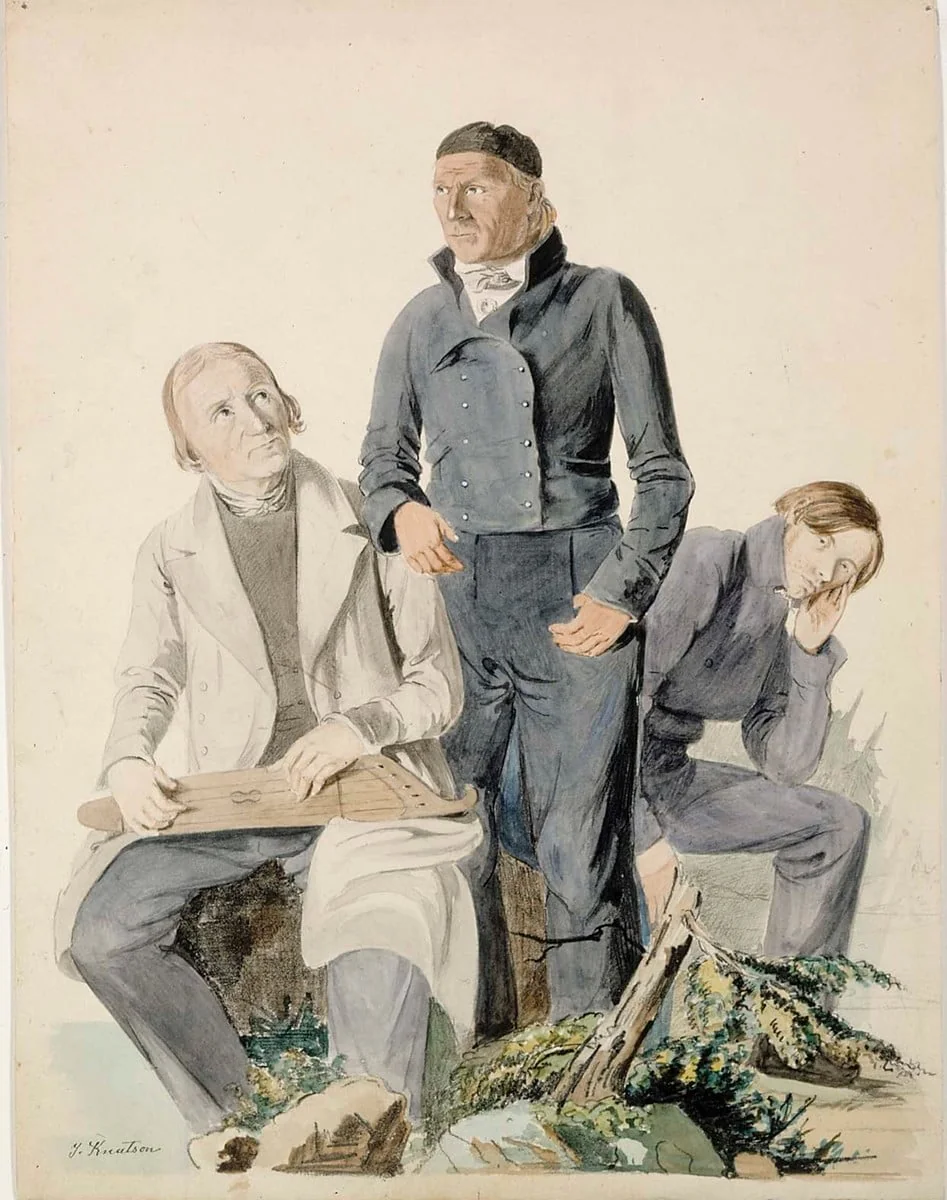 Kansanrunoilijat Olli Kymäläinen, Pietari Makkonen ja Antti Puhakka ; Kuvitusta R.Tengströmin teokseen, Finsk antologi., by Johan Knutson, unspecified, 1866