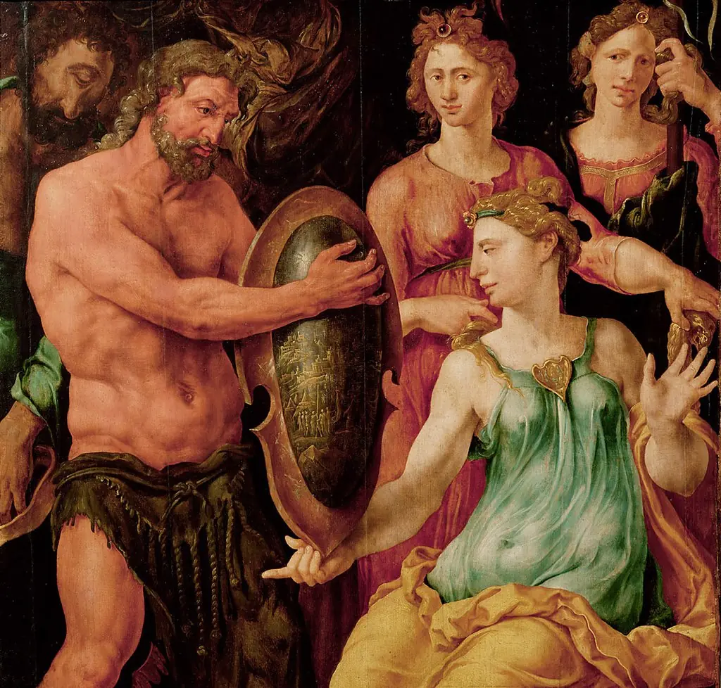 Vulcan hands Thetis the shield for Achilles